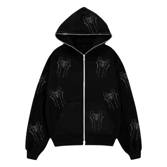 Spider rhinester printing tide brand cardigan coat of the same style Europe and the United States loose zipper hoodie men and women's hoodie one piece of hair