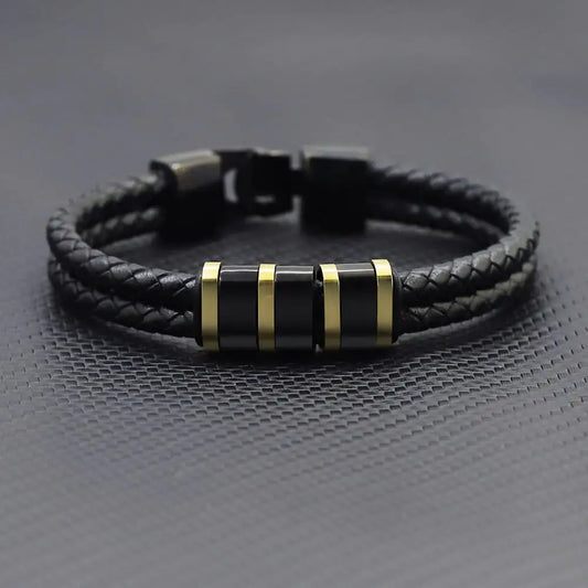 Black Leather Braided Bracelet with Stainless Steel Beads