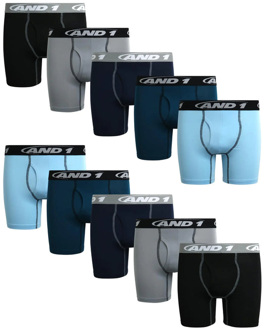 AND1 Boys Boxer Briefs - 10 Pack Functional Fly Compression Boys Boxers - Performance Underwear for Boys (6-18) Size 6-7 Black/Light Grey/Navy/Winter Blue/Sky Blue