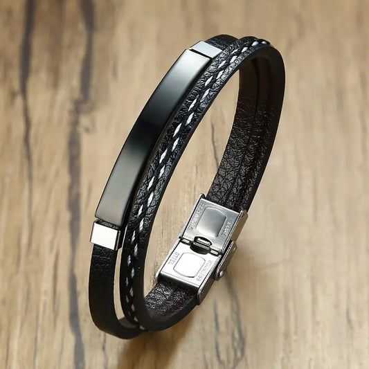 Men's Black PU Leather Braided Bracelet in Stainless Steel