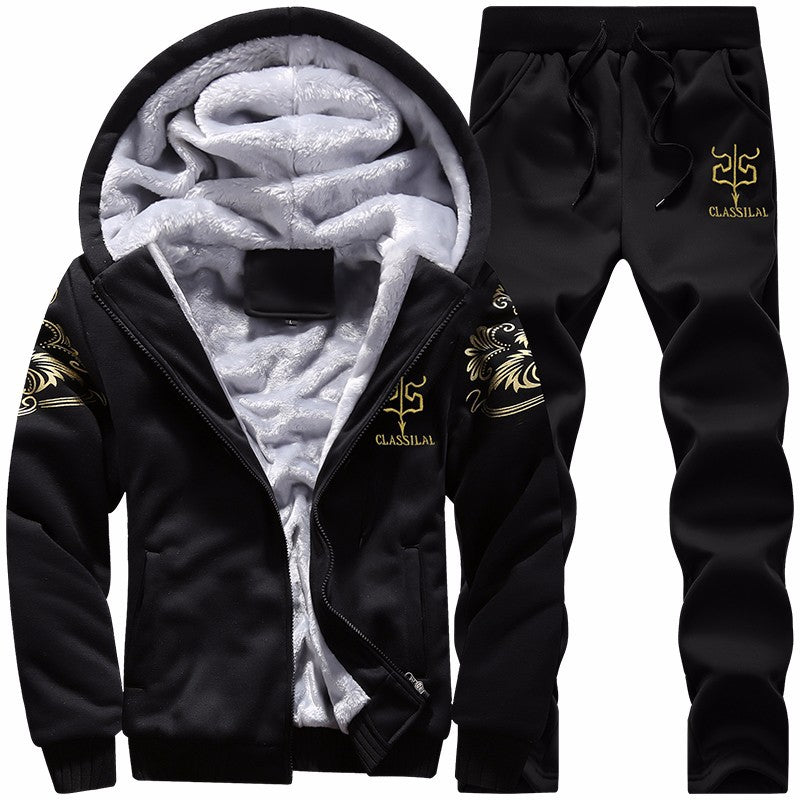 Cross border winter casual sports suit men's hooded and plush thick long sleeve pants two-piece large-size loose trend