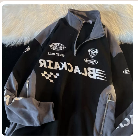 American retro stitching half zipper high street racing clothes men's and women's early spring hip hop vintage couple hoodie