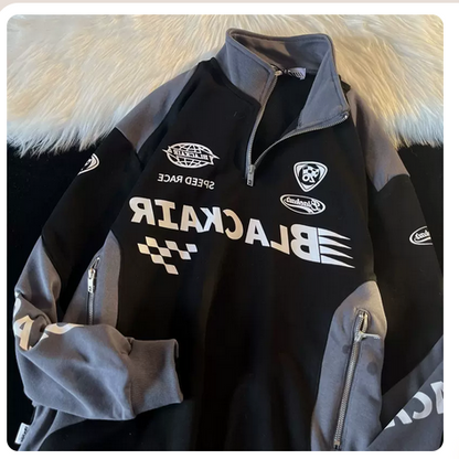 American retro stitching half zipper high street racing clothes men's and women's early spring hip hop vintage couple hoodie