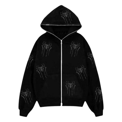 Spider rhinester printing tide brand cardigan coat of the same style Europe and the United States loose zipper hoodie men and women's hoodie one piece of hair