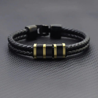 Black Leather Braided Bracelet with Stainless Steel Beads