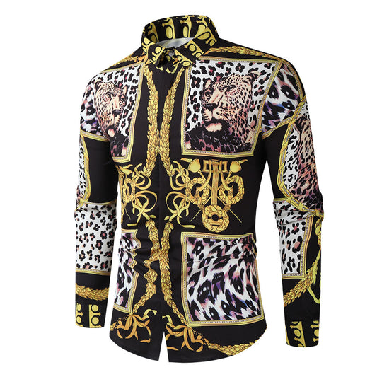 21 new foreign trade cross-border European and American palace style leopard print men's 3D digital printed shirt long sleeve shirt