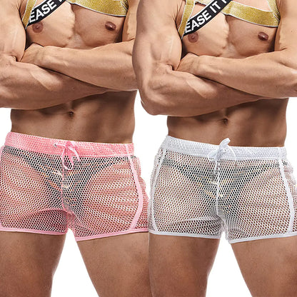 FIROTTII Mens Mesh Sexy Boxers Shorts See Through Shorts for Men (Pink + White L)