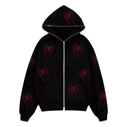 Spider rhinester printing tide brand cardigan coat of the same style Europe and the United States loose zipper hoodie men and women's hoodie one piece of hair