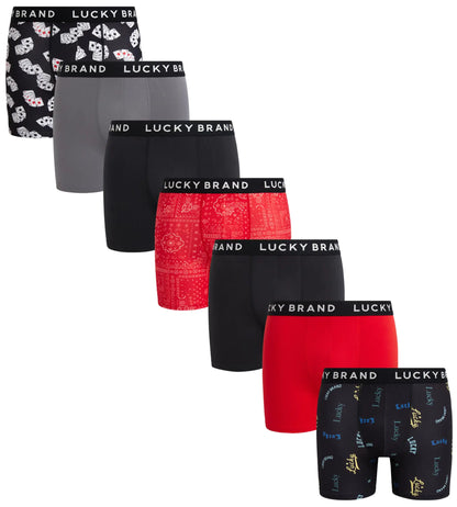 Lucky Brand Mens Boxer Briefs - 7 Pack Soft Stretch Performance Boxers for Men - Active Sport Mens Underwear (S-XL) Size Medium Jet Black Print/Jet Black/Red/Medium Grey/Valiant Poppy Print