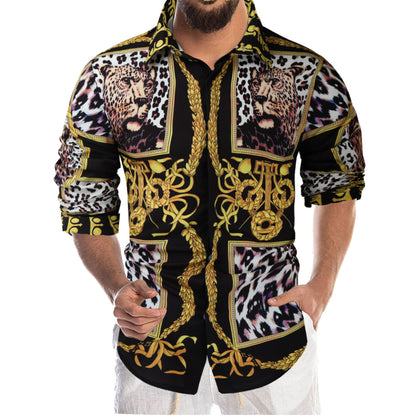 21 new foreign trade cross-border European and American palace style leopard print men's 3D digital printed shirt long sleeve shirt