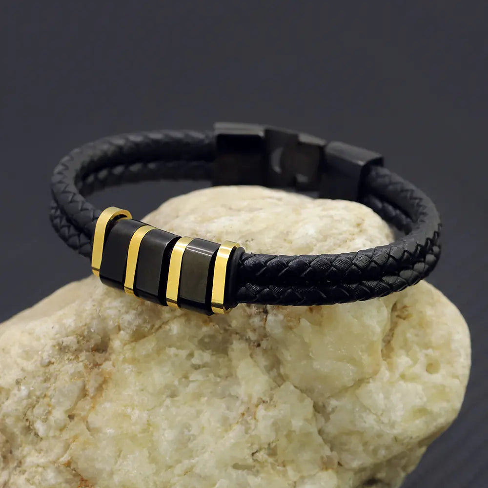 Black Leather Braided Bracelet with Stainless Steel Beads