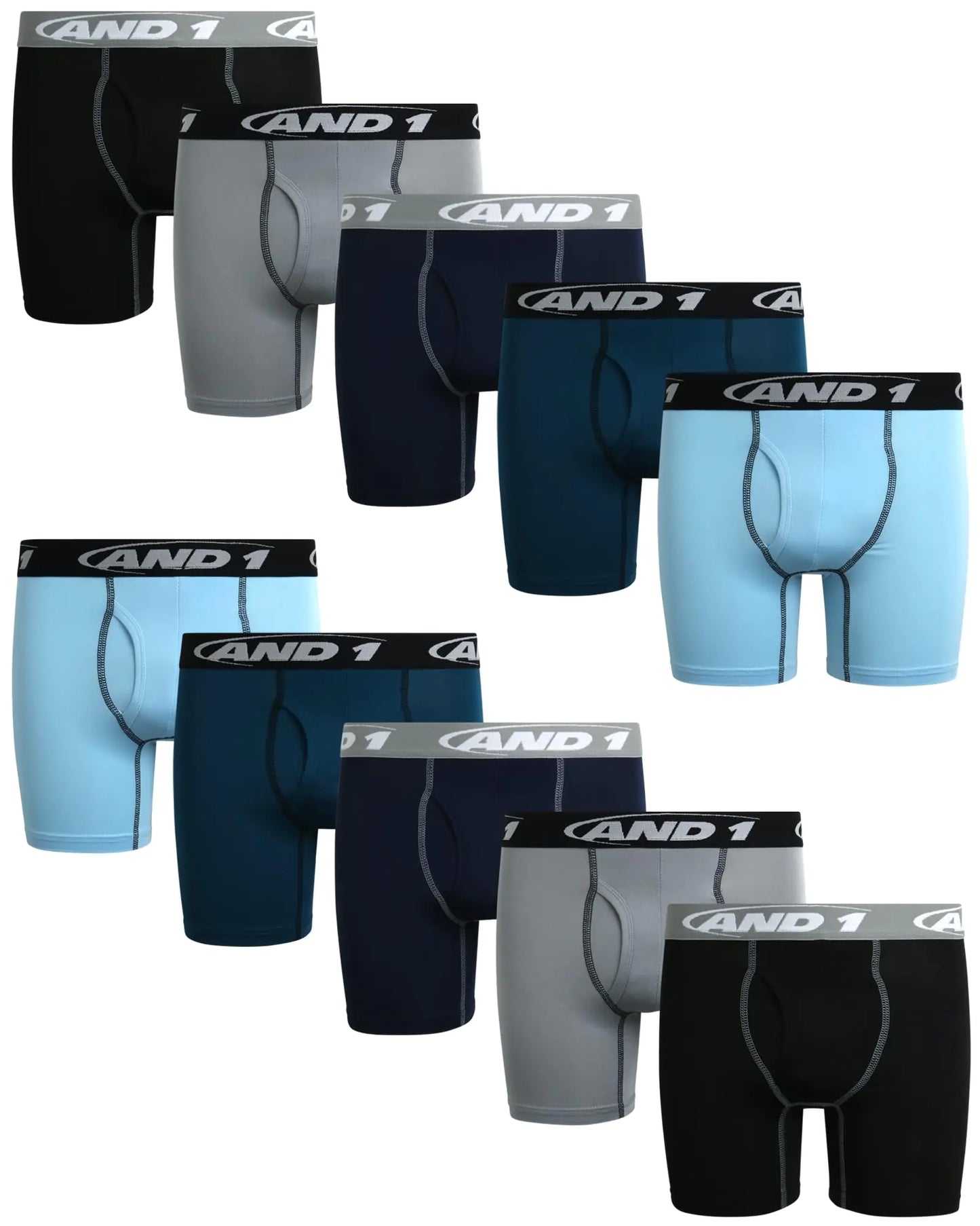 AND1 Boys Boxer Briefs - 10 Pack Functional Fly Compression Boys Boxers - Performance Underwear for Boys (6-18) Size 6-7 Black/Light Grey/Navy/Winter Blue/Sky Blue