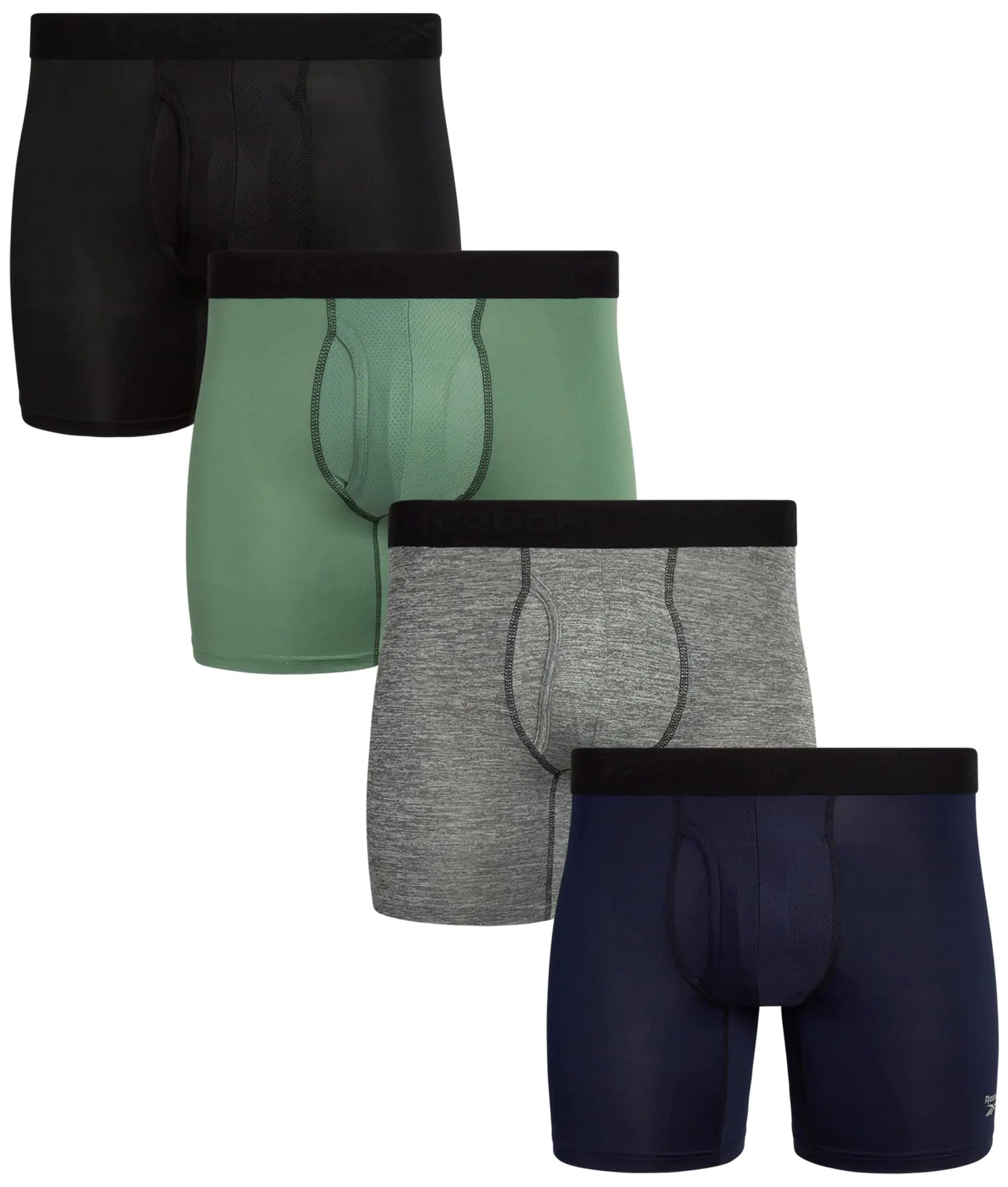 Reebok Mens Boxer Briefs - 4 Pack Soft Performance Boxers for Men with Fly Pouch - Quick Dry Active Mens Underwear Pack S-XL Size X-Large Black/Green/Heather Grey/Navy