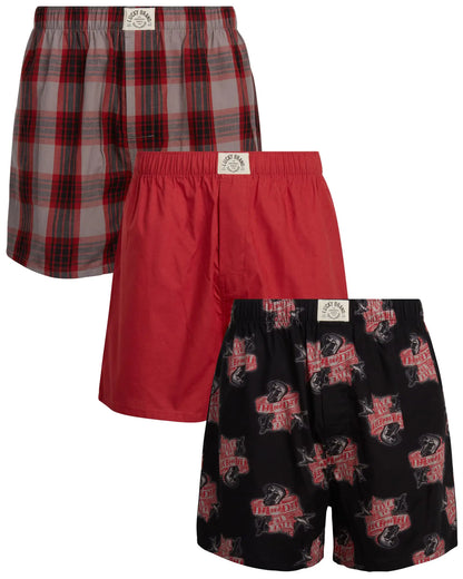 Lucky Brand Mens Boxer Shorts - 3 Pack Classic Cotton Woven Boxers for Men With Functional Fly Relaxed Fit Size Small Plaid/Black Print/Red