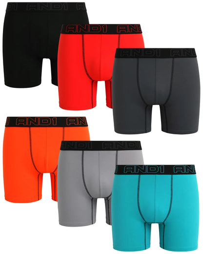AND1 Mens Boxer Briefs – 6 Pack Comfort Stretch Performance Mens Underwear - Soft Athletic Boxers for Men (Sizes: S-3XL) Size Small Flame Scarlet/Monument/Black/Title Blue/Dark Shadow/Red Orange
