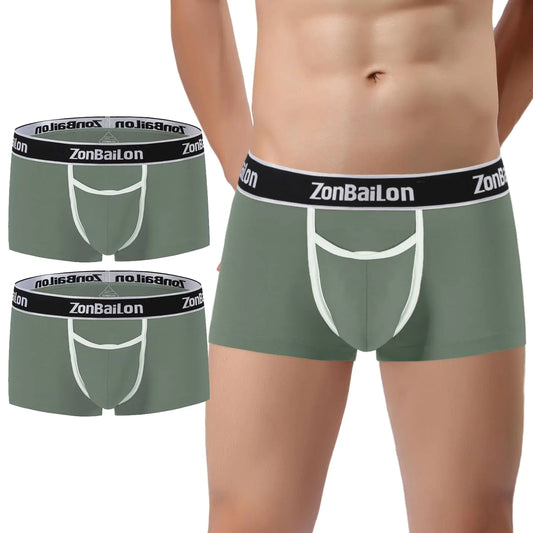 SUMABA Mens Horizontal Fly Trunks Underwear Low Rise Boxer Briefs Short Leg Army Green Bulge Boxers Open Front Comfort Soft Underpants xl
