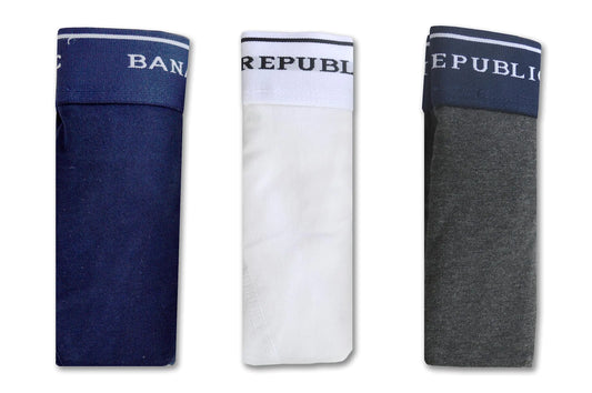 Banana Republic Mens Organic Cotton Blend Elastic Waistband 3 Pack Boxers Briefs (Medium Navy Blue/White/Heather Grey)