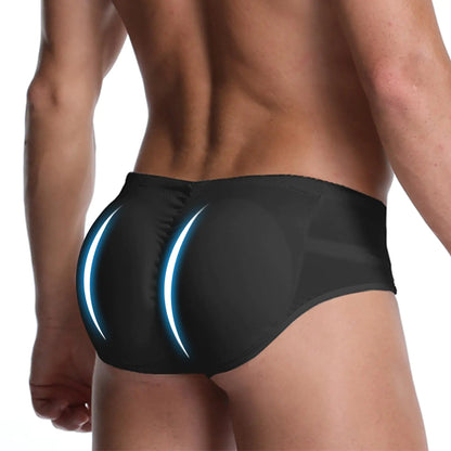 GENEMEN Mens Padded Underwear Butt Enhancer High Waisted Shapewear Butt Lifter Boxers with Detachable Pads (Black-Low Waist XL)