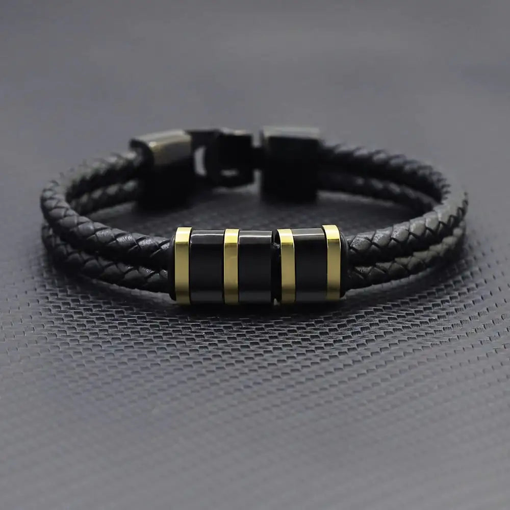 Black Leather Braided Bracelet with Stainless Steel Beads