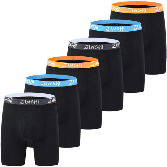 JINSHI Mens Boxer Briefs Underwear Comfy Stretch Long Leg Classic Black Boxers 6-pack Size 3XL