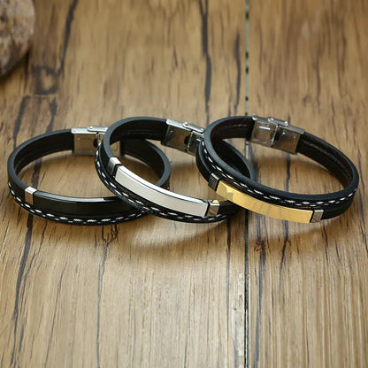 Men's Black PU Leather Braided Bracelet in Stainless Steel