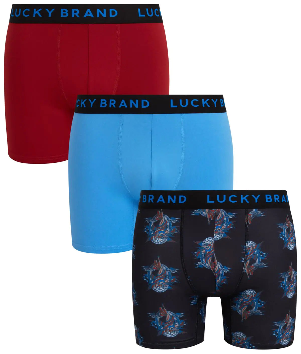 Lucky Brand Mens Boxer Shorts - 3 Pack Soft Stretch Boxers for Men with Functional Fly - Comfy Mens Underwear Boxers (S-XL) Size XX-Large Red Ochre/Jet Black Print/Azure Blue