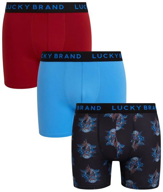 Lucky Brand Mens Boxer Shorts - 3 Pack Soft Stretch Boxers for Men with Functional Fly - Comfy Mens Underwear Boxers (S-XL) Size XX-Large Red Ochre/Jet Black Print/Azure Blue