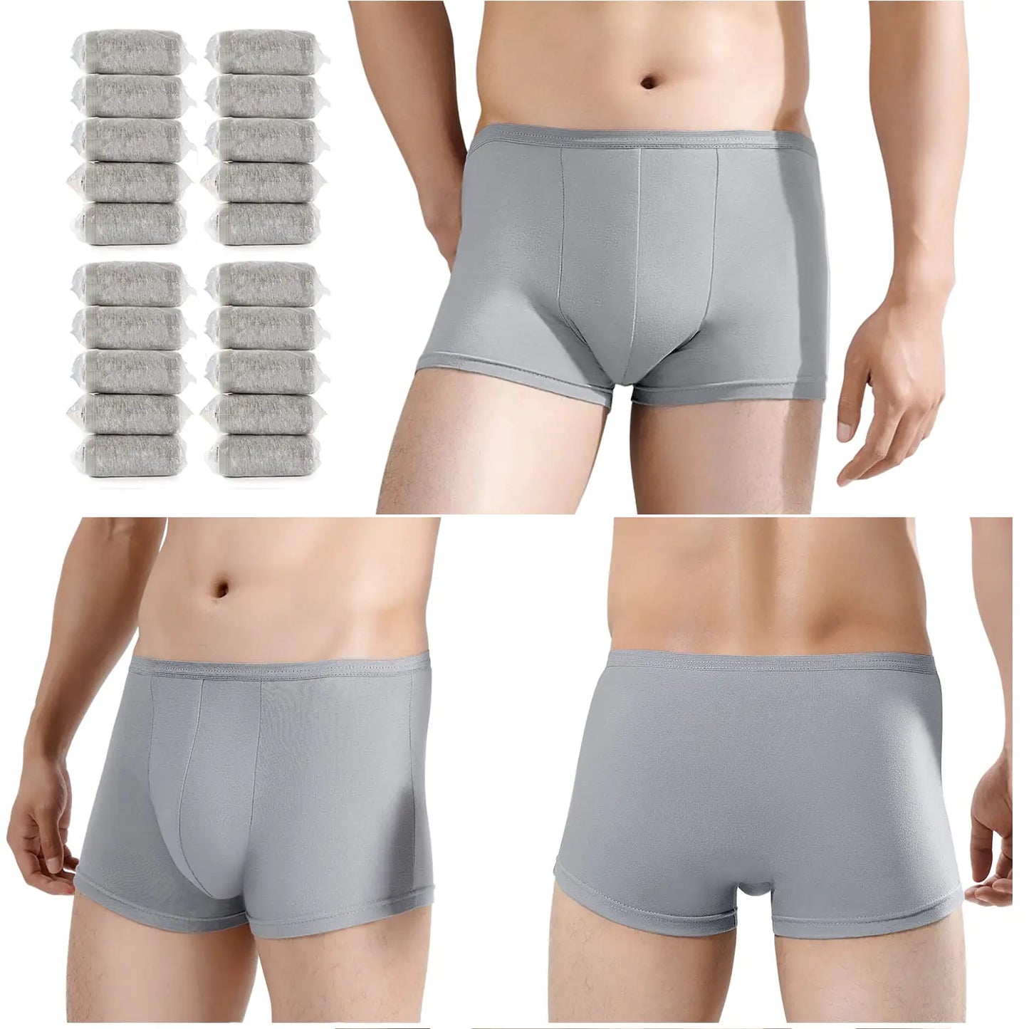 20 Packs Mens Disposable 100% Cotton Underwear Boxers Portable Shorts for Travel Fitness Swimming Hotel Spa Hospital Stays 20 Packs(grey-L)