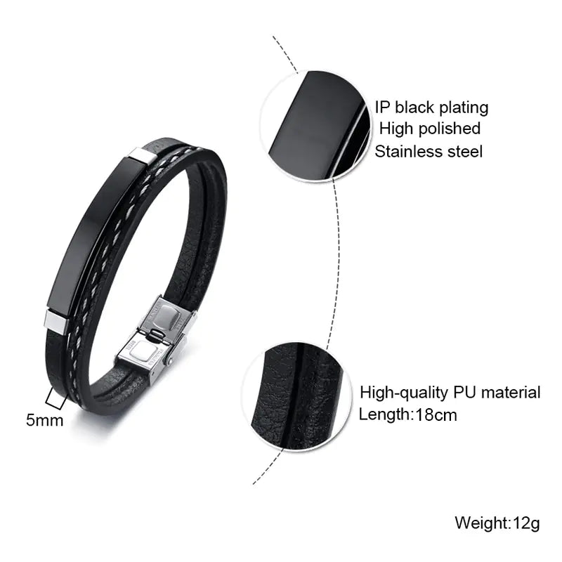 Men's Black PU Leather Braided Bracelet in Stainless Steel