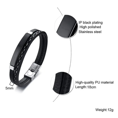 Men's Black PU Leather Braided Bracelet in Stainless Steel