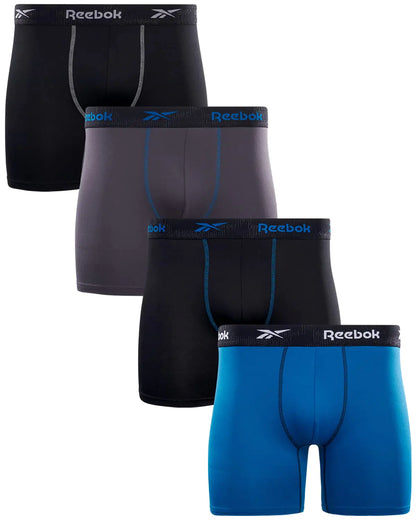 Reebok Mens Boxer Briefs - 4 Pack Soft Mens Performance Underwear Boxers - Athletic Boxer Briefs for Men Pack (S-XL) Size Medium Black/Blue/Black/Grey