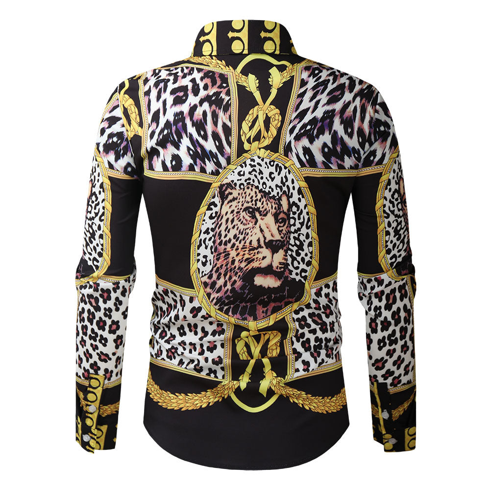 21 new foreign trade cross-border European and American palace style leopard print men's 3D digital printed shirt long sleeve shirt