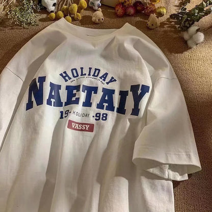 American retro cotton short sleeve T-shirt men's summer port wind ins tide brand couple clothes loose high street half sleeve clothes tide