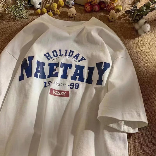 American retro cotton short sleeve T-shirt men's summer port wind ins tide brand couple clothes loose high street half sleeve clothes tide