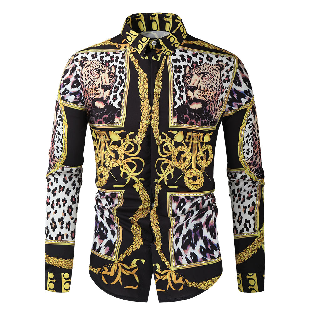 21 new foreign trade cross-border European and American palace style leopard print men's 3D digital printed shirt long sleeve shirt