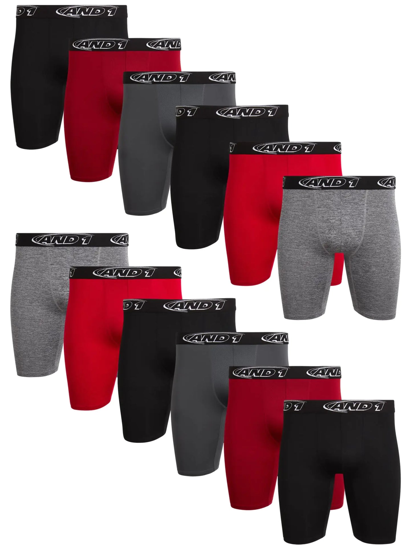 AND1 Mens Underwear Boxer Briefs - 12 Pack Performance Long Leg Compression Boxers for Men with Contour Pouch (S-3XL) Size X-Large Black/Red/Shadow/Charcoal Heather/Black