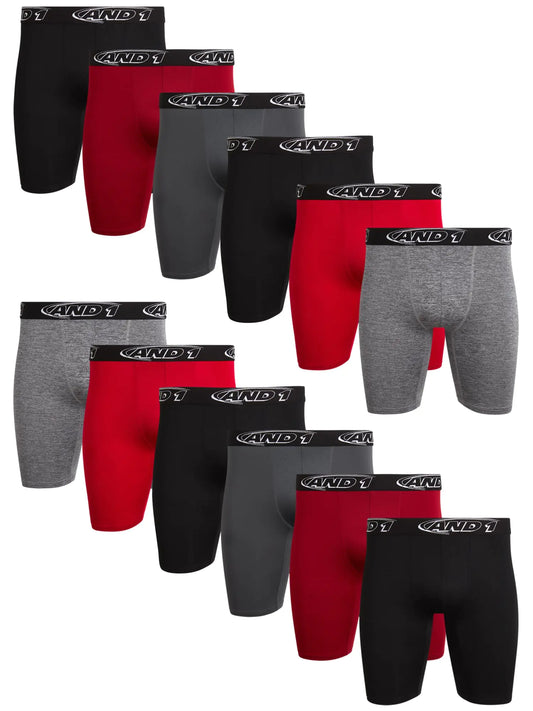 AND1 Mens Underwear Boxer Briefs - 12 Pack Performance Long Leg Compression Boxers for Men with Contour Pouch (S-3XL) Size X-Large Black/Red/Shadow/Charcoal Heather/Black