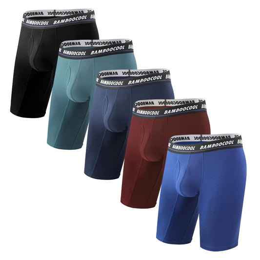 BAMBOO COOL Mens Long Boxer Briefs Performance Long Leg Sports Boxers Brief Underwear for men (5 Pack) Large