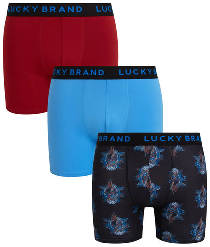 Lucky Brand Mens Boxer Shorts - 3 Pack Soft Stretch Boxers for Men with Functional Fly - Comfy Mens Underwear Boxers (S-XL) Size XX-Large Red Ochre/Jet Black Print/Azure Blue