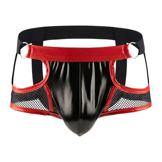Evankin Men Sexy Jockstraps Faux Leather See Through Mesh Underwear Hollow Out Assless Lingerie Boxers(BlackM)