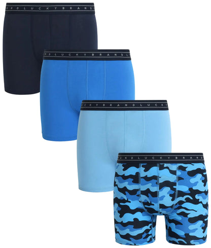 Lucky Brand Mens Boxer Briefs - 4 Pack Casual Mens Underwear with Functional Fly - Breathable Stretch Boxers for Men (S-XL) Size X-Large Dusk Blue/Print/Super Sonic