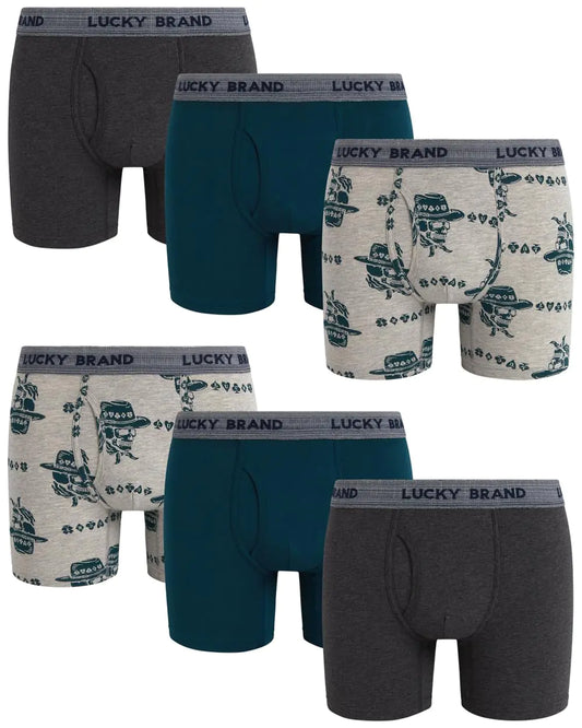 Lucky Brand Mens Boxer Briefs – 6 Pack Soft Stretch Mens Underwear with Functional Fly Pouch - Casual Boxers for Men (S-XL) Size Small Charcoal Heather Grey/Print/Grey