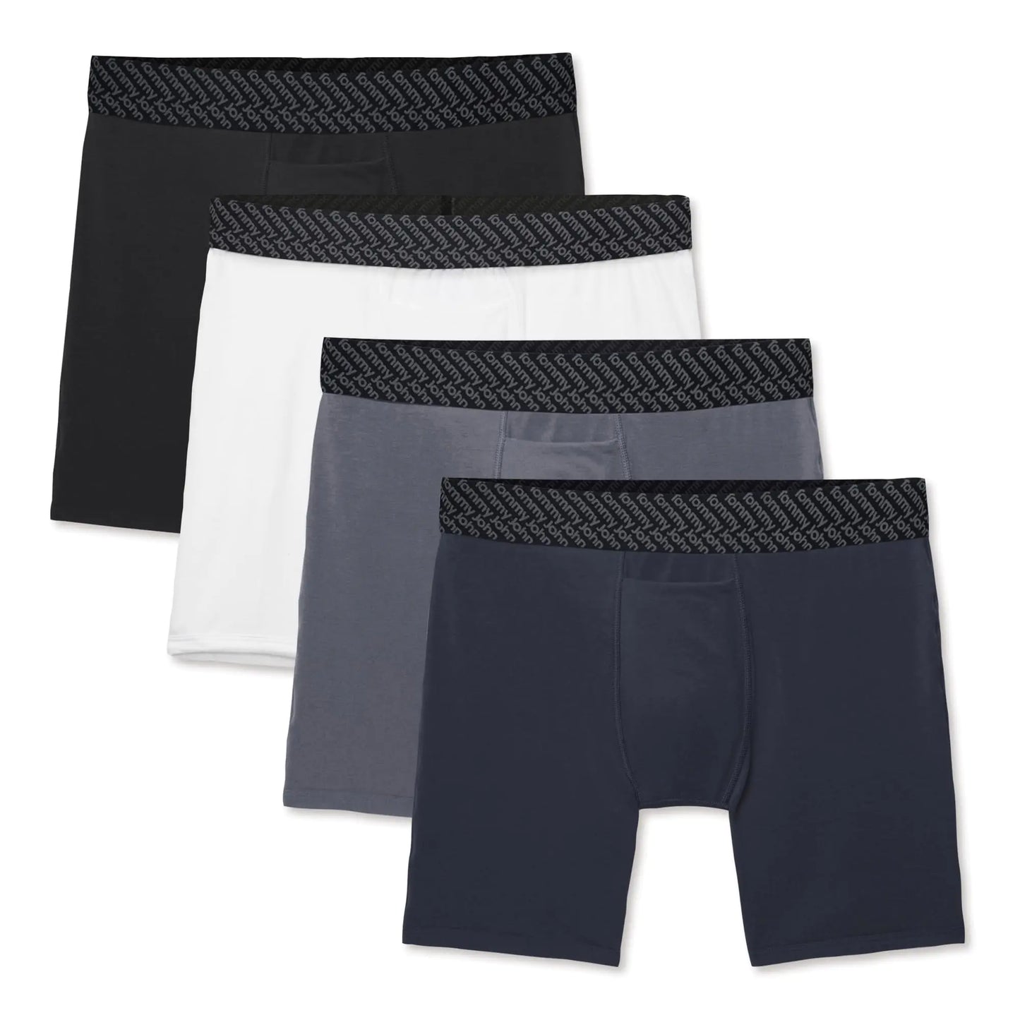 Tommy John Men’s Mid-Length Underwear 6” Cotton Basics Boxers with Contour Pouch Soft Breathable Stretch Fabric Mens Underwear for Daily Wear 4 Pack (Black/White/Dress Blues/Turbulence Small)