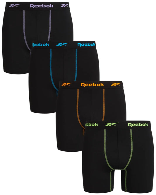 Rebook Mens Boxer Briefs - 4 Pack Moisture Wicking Performance Underwear Boxers with Functional Mesh Fly Pouch (Sizes: S-XL) Size Medium Black Contrast Stitch